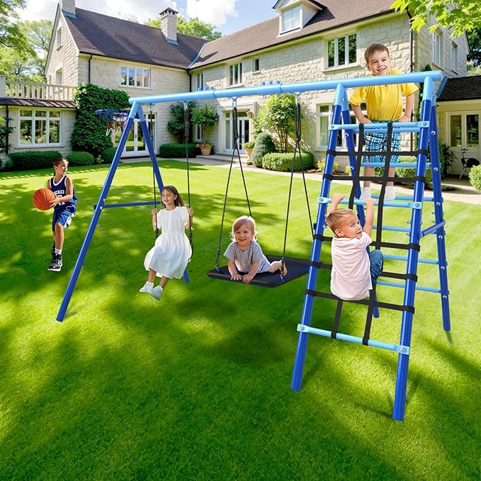 JYGOPLA 5-in-1 Metal Swing Sets for Backyard, Heavy Duty Outdoor Playground for Kids with 43" Platform Swing, Belt Seat, Climbing Rope Ladder, Rigid Ladder & Basketball Hoop