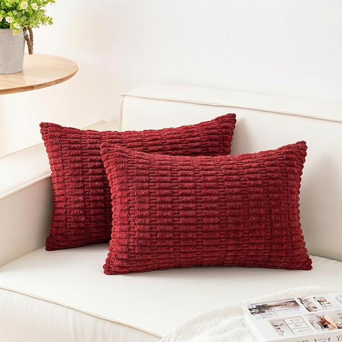 Pack of 2 Corduroy Decorative Throw Pillow Covers 12x20 Inch, Wine Red | Fall Soft Striped Pillow Covers Modern Farmhouse Home Decor Christmas Throw Pillow Covers for Sofa Living Room Couch Bed