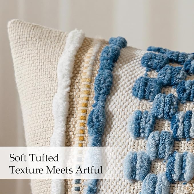 ANRODUO Boho Decorative Throw Pillow Covers Sky Blue Stripe 20x20 Pack of 2 | Throw Pillow Covers, Farmhouse Cushion Case, Chenille Pillow Cases, Coastal throw pillows, Neutral Pillowcase for Couch Bed