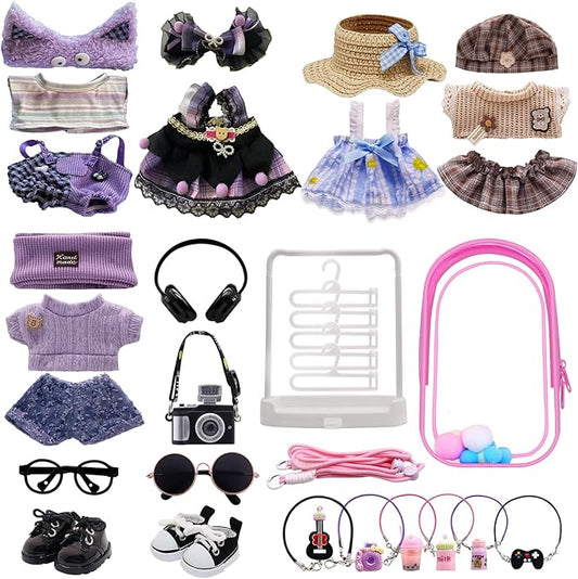 5-Pack Clothes Set Designed for Labubu Clothes with Accessories Set, Includes 6 Mini Accessories, Display Bag, Clothes Rack, Headphones, Camera, Sunglasses, Shoes Accessories for Labubu - Style E