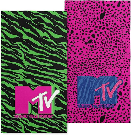 NORTHWEST MTV Beach Towel 2-Pack - Soft, Fast-Drying, Sand-Free Oversized Pool Towels, Neon Zebra & Pink Cheetah Designs, 30" x 60"