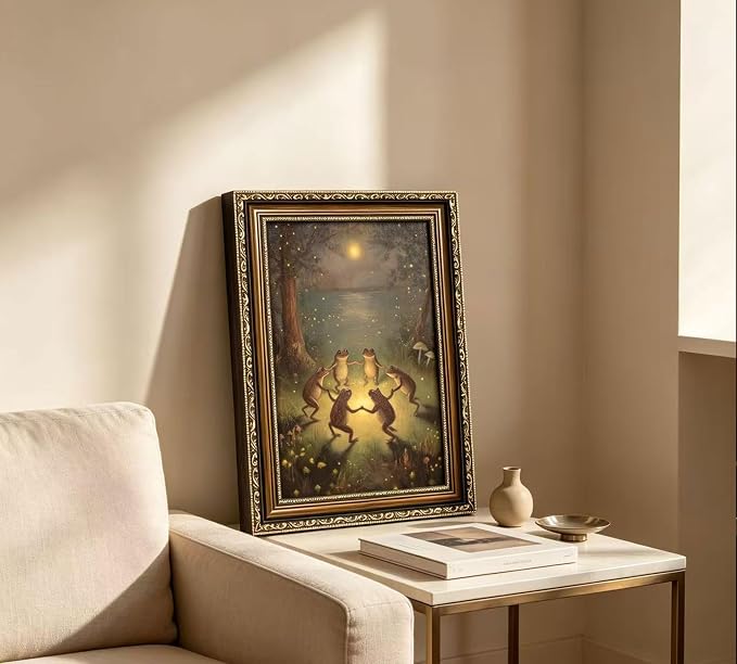 Vintage Gold Framed Frog Wall Art,Frogs Dancing in Moonlight Forest Painting Canvas Prints,Whimsical Animal Wall Decor,Retro Country Toad Poster Artwork for Corridor Living room Bedroom Kitchen