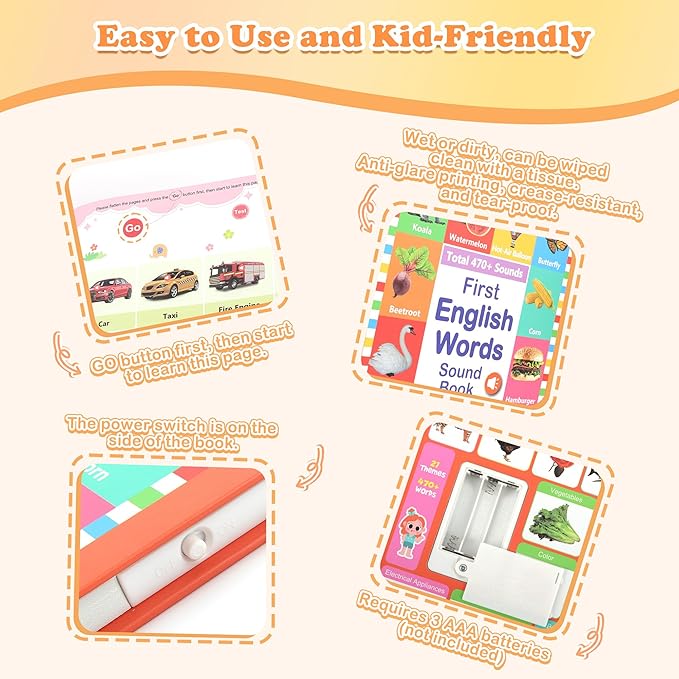 First English Words Sound Book, Total 470+ Sounds, 21 Themes, My First English Sound Toy, Interactive Sound Books Kids Learning Toys, Educational Toys Birthday Gift for Toddlers Kids Age 3 4 5 6