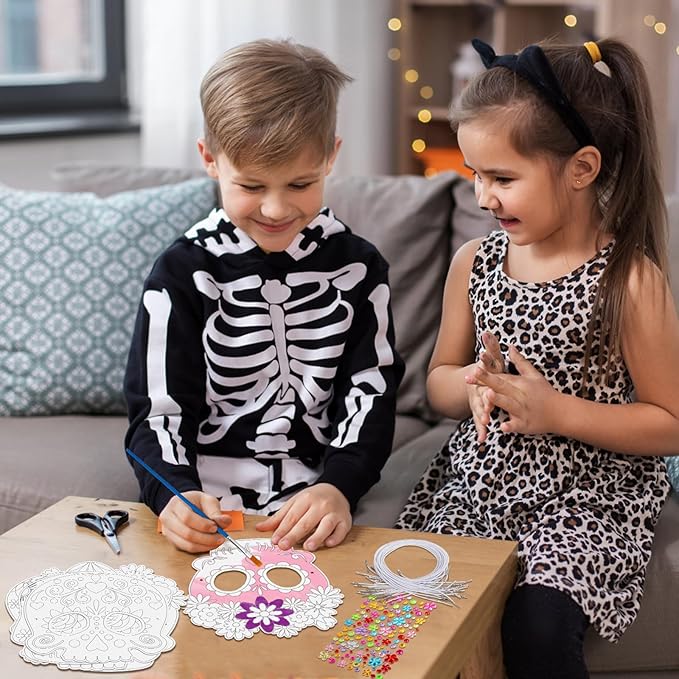 24 Pcs Day of The Dead Crafts for Kids DIY Halloween Mask Crafts Color Your Own Skull Masks Dia de Los Muertos Party Games for Boys Girls Toys Cosplay Dress Up
