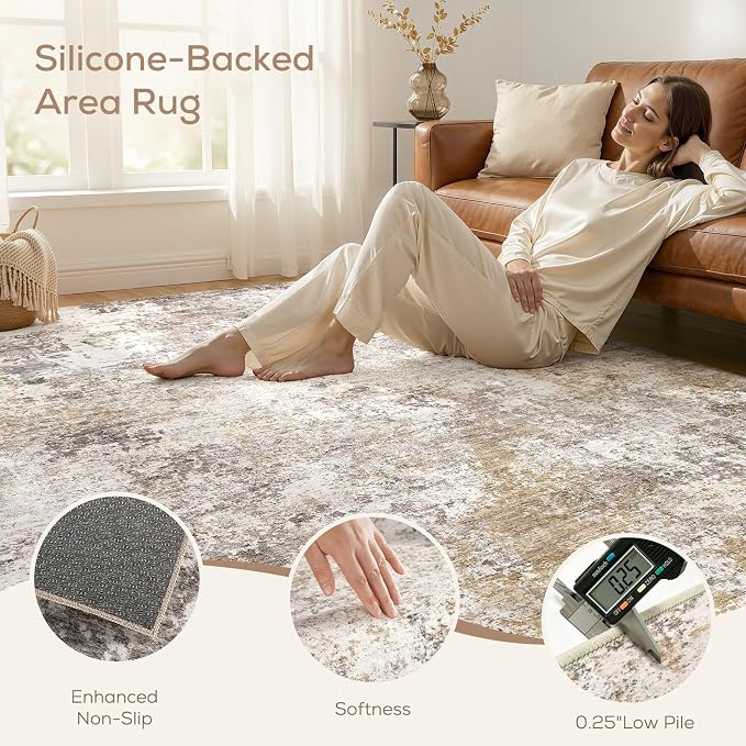 Nakagishi 10X14 Area Rugs for Living Room: Washable Modern Abstract Rug with Non-Slip Silicone Backing Low Pile Soft Carpet for Bedroom & Dining Decor Ideal for Families with Kids and Pets-Brown