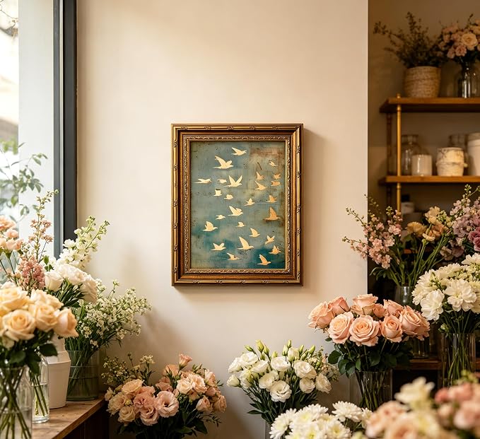 Vintage Gold Framed Wall Art, Golded Inspired Abstract Birds Canvas Prints, Flock of Flying Birds Picture Wall Decor, Rustic Farmhouse Minimalist Animals Poster Artwork for Living Room Bedroom