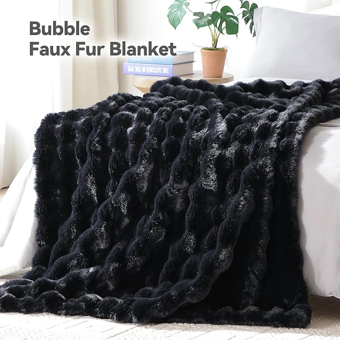 Faux Rabbit Fur Throw for Couch - Black Bubble Blanket 60"x80" | Fluffy Plush Fuzzy Throw for Sofa & Bed, Super Soft Cozy Comfrt Blanket, Luxury Aesthetic Black Decor Gift for Women