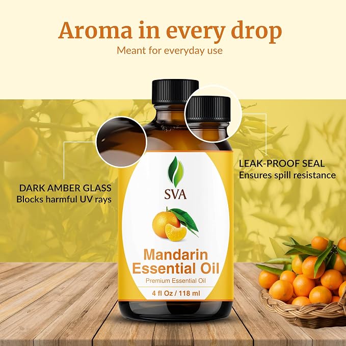 SVA Mandarin Essential Oil 4 Fl Oz – for Diffuser, Skin & Hair Care – Ideal for Massage & DIY Blends - with Dropper