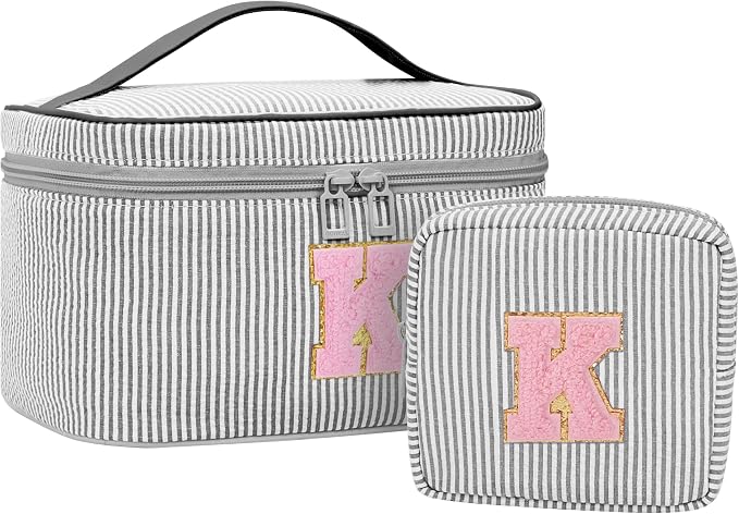 MONSTINA Initial Makeup Bag with Brush Holder for Women,Make Up Case for Girlfriend Bridesmaid Wife|Personalized Birthday Gift for Her Cute Toiletry Bag,2PCS,Black K