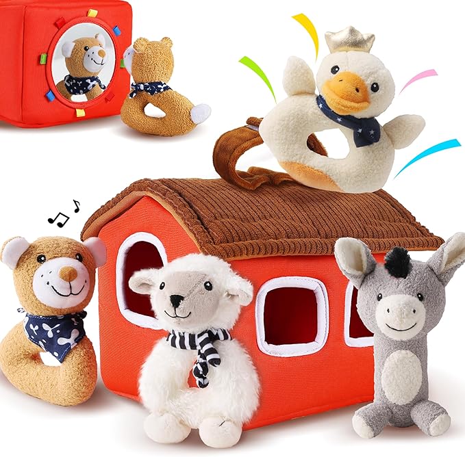 iPlay, iLearn Baby Toys 3 6 12 Month Newborn Gifts, Infant Soft Farm Stuffed Animal Rattles Plush Barn, Boy Girl Stuff, Valentine's Basket Stuffer, Sensory Hand Development Toy 0 2 4 7 9M 1 Yr - Farm