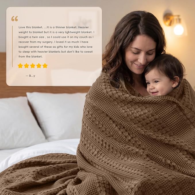 PHF 100% Cotton Waffle Weave Blanket King Size, Lightweight Breathable Summer Blanket for Hot Sleepers, Pre-Washed Soft Layer for Bed, Couch, Home Decor Gift, 108"x90", Chocolate