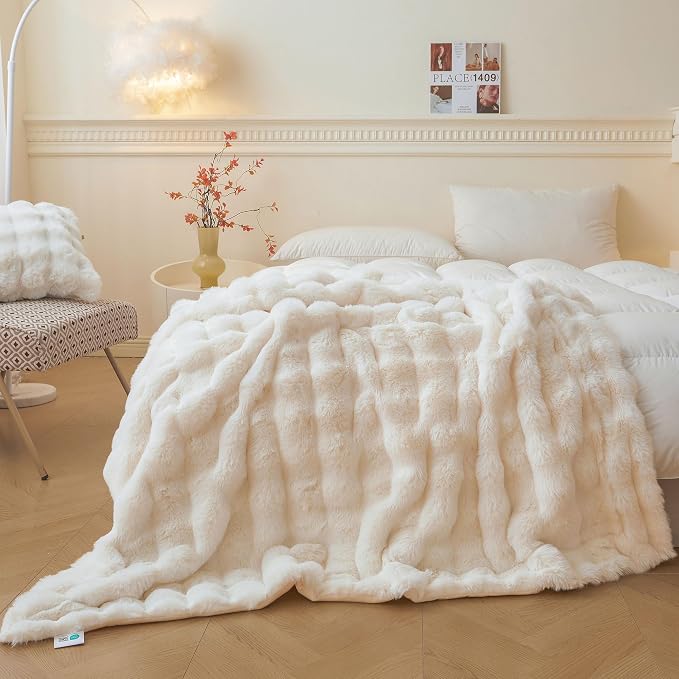 LIFEREVO Luxury Fluffy Faux Rabbit Fur Throw Blanket 60x80, Beige | Plush Bubble Lap Throw for Couch Sofa Office, Soft Cozy Furry Ivory Bed Blanket Home Decoration, Washable & Skin-friendly