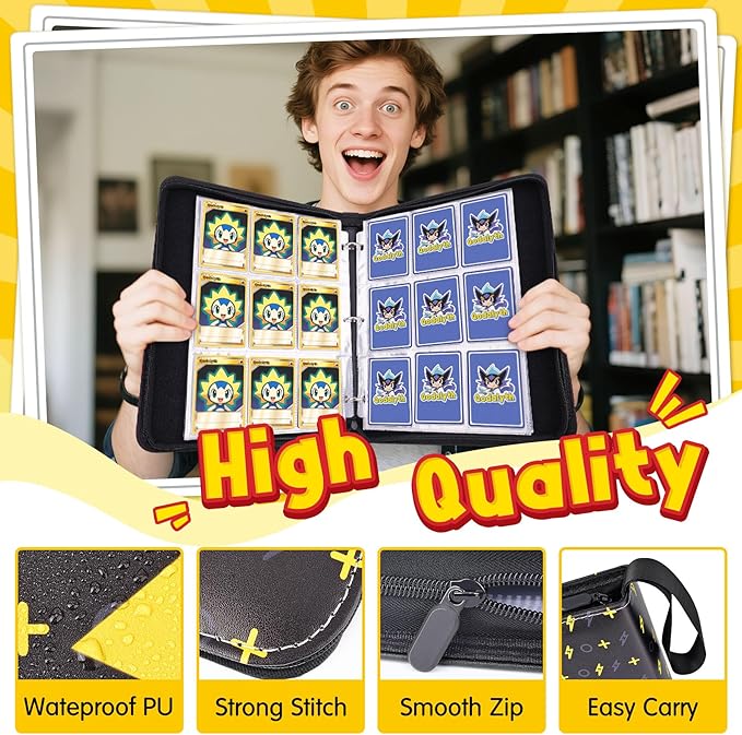 Card Binder – 9 Pocket Zipper Collection Album, Premium PU Holder, Double-Sided Display for 900 Cards, Includes 5 Hard Plastic Sleeves for Game Cards, Sports Cards（Lightning）