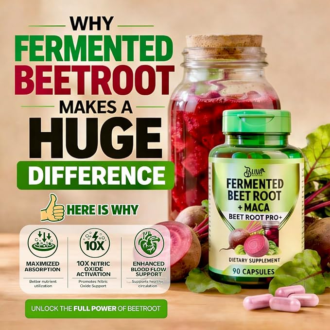BLIVA Organic Fermented Beet Root with Maca Capsules - 1200mg - Beetroot Hight Potency Extract Powder Pills - Beets Supplements and Maca - Healthy Energy & Circulation Support Supplement - 90 Capsules