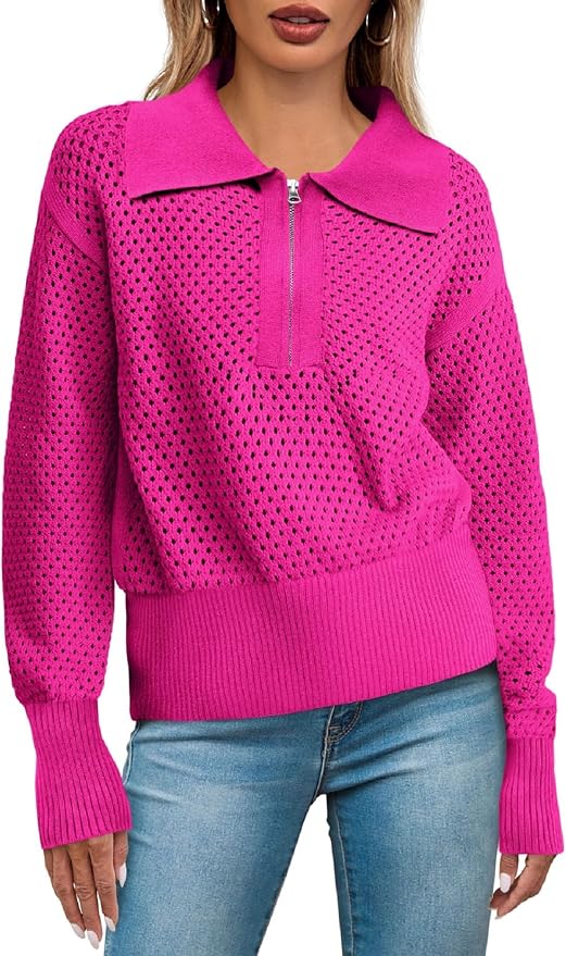Doshoop Womens Summer Crochet Sweaters Long Sleeve Hollow Out Knit Half Zip Lapel Collar Pullover Tops