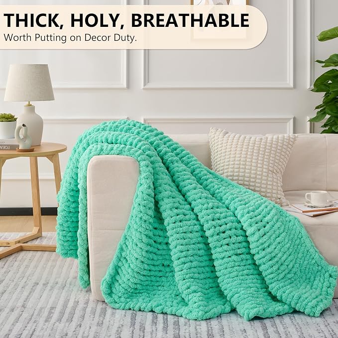 L'AGRATY Chunky Knit Throw Blanket for Couch, 60'' x 80'' Knit Throw, Aqua | Handmade Chenille Crochet Blanket for Sofa Bed, Thick Cable Knitted Blankets for Room Home Decor, Birthday Gift for Women Mom