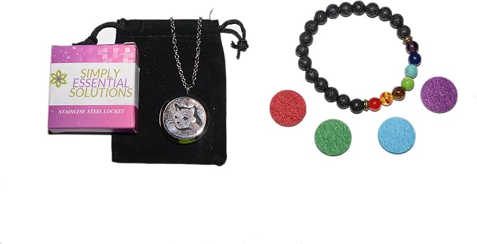 Aromatherapy Essential Oil Diffuser Stainless Steel 30MM Silver Magnetic Locket Pendant with Chain Necklace and Colored Refill Pads & Diffuser Bracelet All in a Velvet Bag (Cathead)