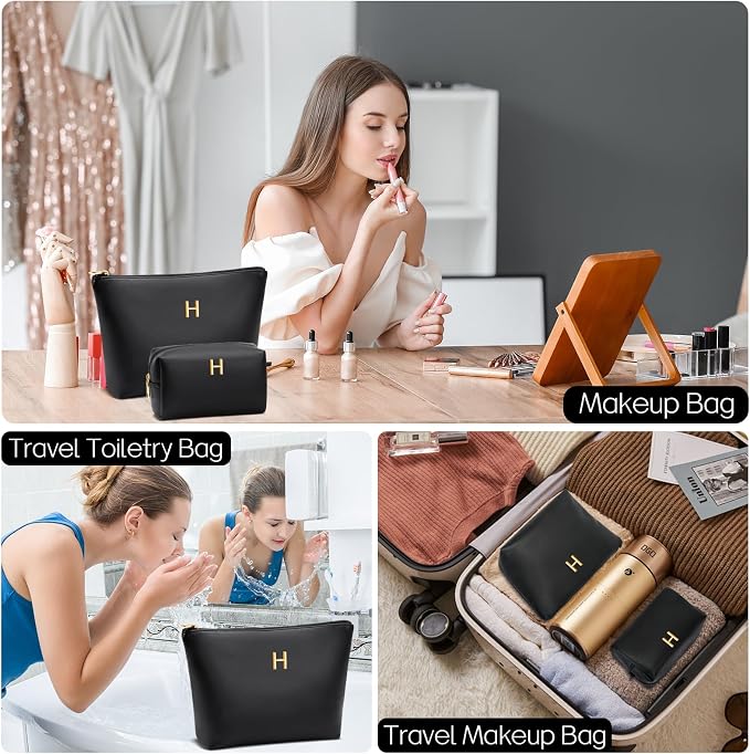 Women Gifts | Initial Makeup Bag for Girl Personalized Gifts for Bridesmaid Friend PU Leather Cosmetic Travel Toiletry Bag(Black,H)