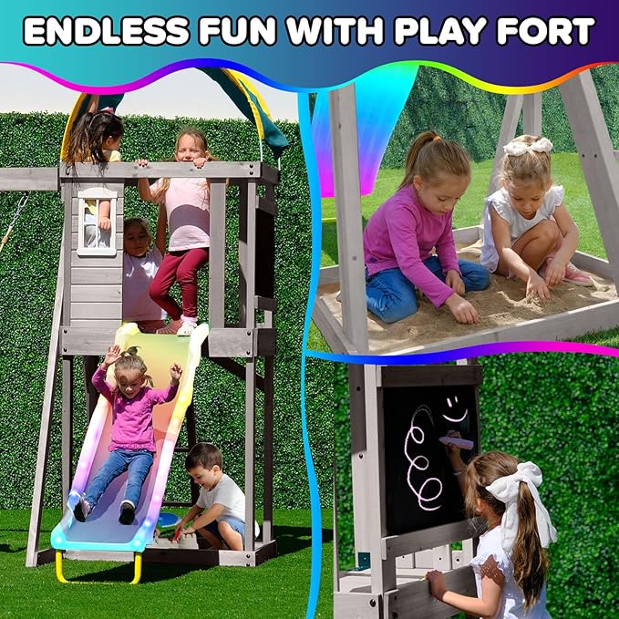 Sportspower Amelia Galaxy Cedar Wooden Swing Set for Night Play with 2 LED Swings, Play Fort with Sandbox, Heavy Duty Double A-Frame, on 6ft LED Slide, Bonus Anchor Kit