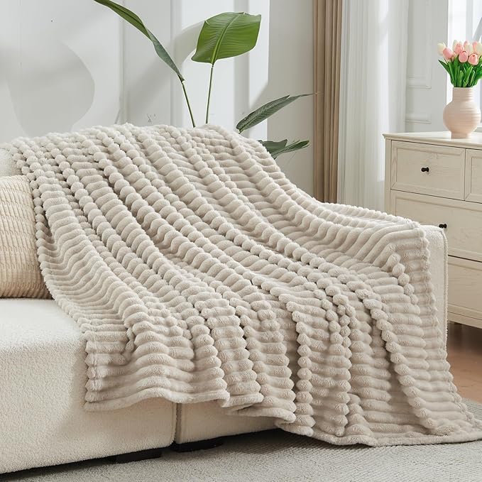 NEWCOSPLAY Super Soft King Blanket Linen Premium Silky Flannel Fleece 3D Ribbed Jacquard Lightweight Bed Blanket All Season Use (Linen Ribbed, King(90"x110"))