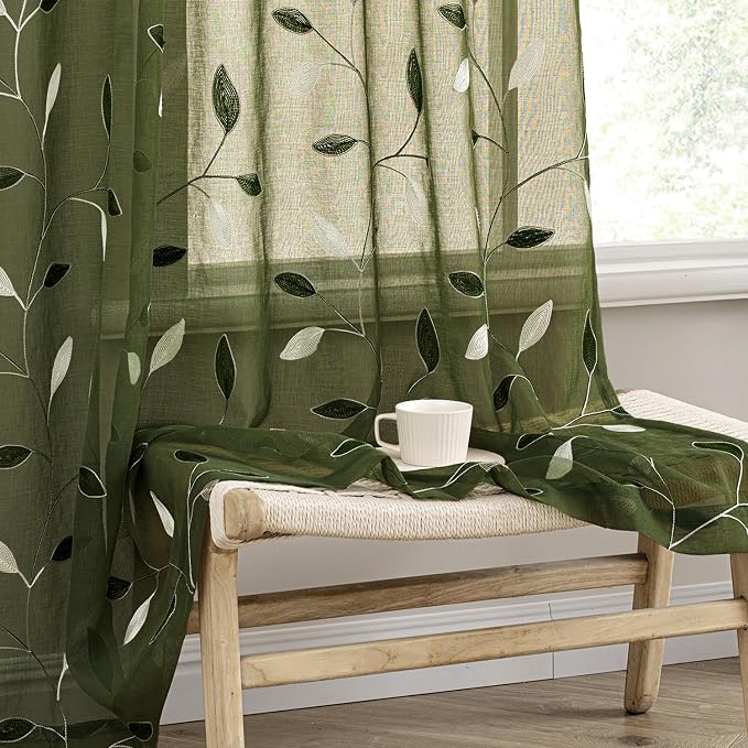 MIULEE Olive Green Sheer Curtains 2 Panels Embroidered Leaf Patterned Rod Pocket Floral Semi Faux Linen Window Curtains Drapes Set for Living Room Bedroom Dining Room, 52x84 Inches Long