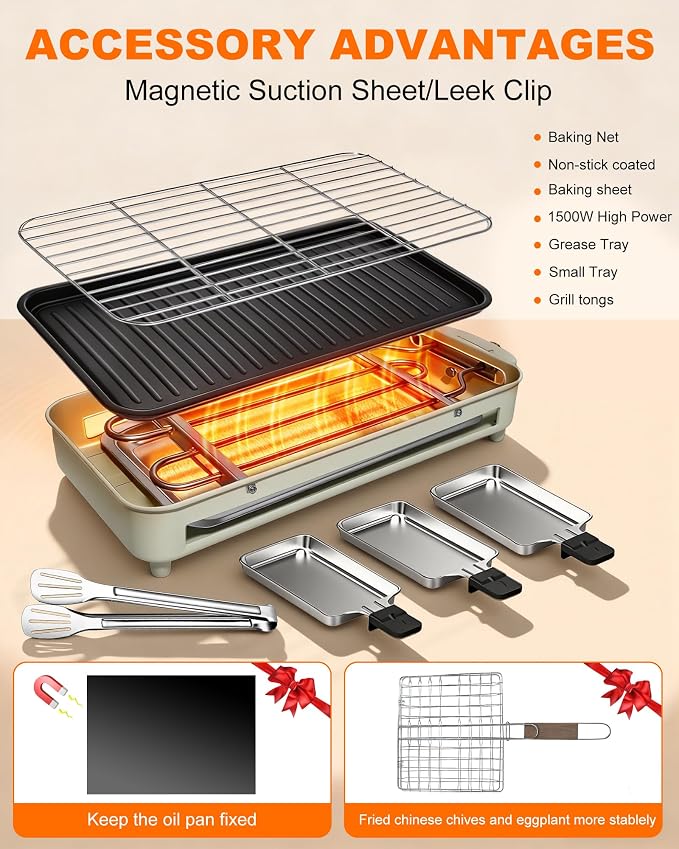1500W Smokeless Electric Indoor Grill, 3 in 1 Korean Barbecue Grill with Net & Non-Stick Removable Plate and Magnet Strip, Temperature Control & Dishwasher Safe, Smokeless Korean BBQ for Kitchen Party