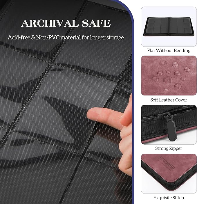Trading Card Binder, 9 Side Loading Pocket Card Album Hold Up to 540, Zipper Binder for Collection, TCG Holder for Sports, Yugioh, MTG etc. (Wine 9)