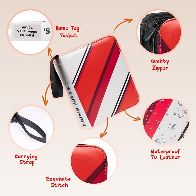 Trading Card Binder 4 Pocket, 440 Pockets 3 Ring Binder, Includes Name Tag, Tab Stickers, Cards Binder Album Book Holder Case for Baseball Football Sports Tcg Binder (Red Flame)