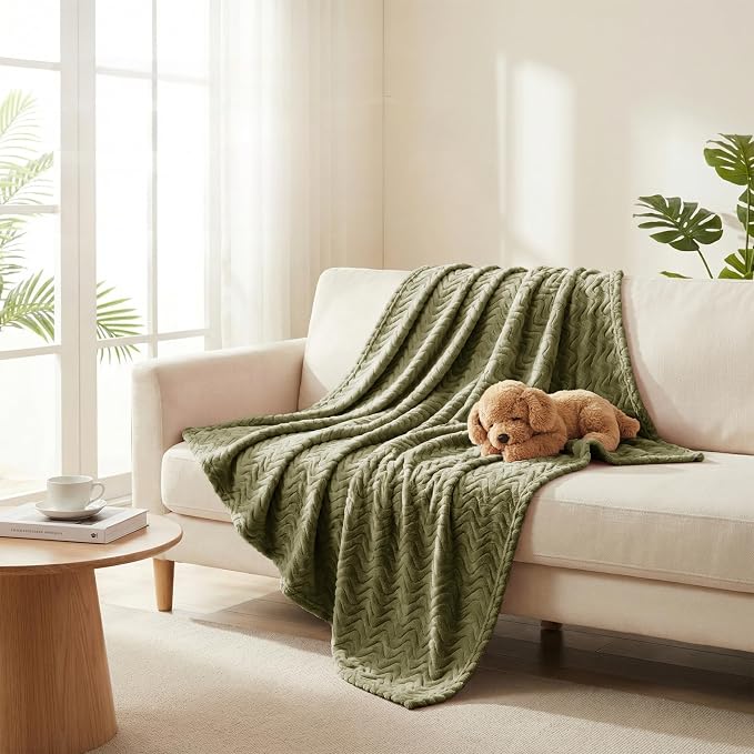 Exclusivo Mezcla Soft Fleece Blanket Queen Size for Bed, Sofa, Olive Green | 90"x90" Breathable Lightweight Flannel Blanket for Summer, Plush Cozy Jacquard Wave for Home Decor
