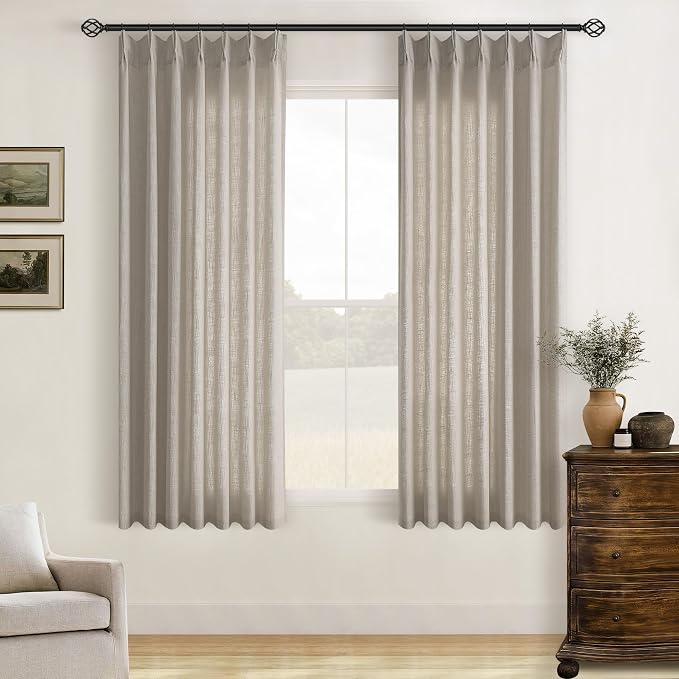 Burlywood Birch Pinch Pleated Linen Curtains 63 Inch Length 2 Panels Set | for Dining Living Room Bedroom Window, Memory Shape Trained, 400GSM Fabric, Semi Sheer, Pinch Pleat with Hooks Rings 40x63