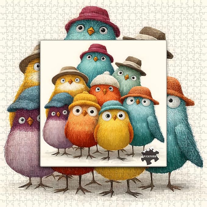 Colorful Birds Jigsaw Puzzles 1000 Pieces for Adults, Cute Birds with Hats Art, Funny Bird Animal Jigsaw Puzzle, Challenging Puzzles for Adults