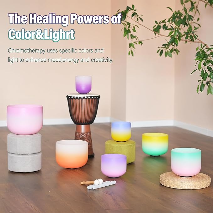 440HZ 6"-12" Set of 7 PCS Frosted Quartz Color Crystal Singing Bowl Set Sound Healing with Sound Bowl Mallet Suede Stick Heavy Duty Carry Cases