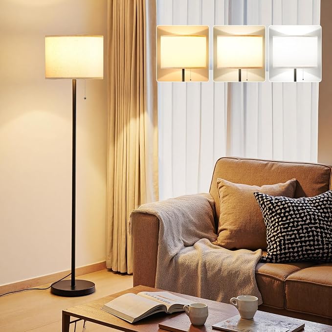 Ambimall Modern Standing Floor Lamp for Living Room & Bedroom with 3 Color Temperatures Bulb & Pull Chain Switch, 60" Tall with Beige Shade & Black Pole
