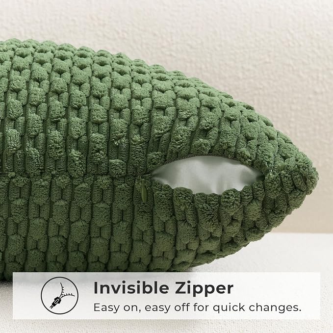 Kevin Textile Soft Corduroy 12"x24" Lumbar Pillow Cover 1 Pack, Moss Green | Boho Stripe Plush Corduroy Decorative Oblong Cushion Cover Modern Farmhouse Home Decor for Sofa Couch Bed Chair