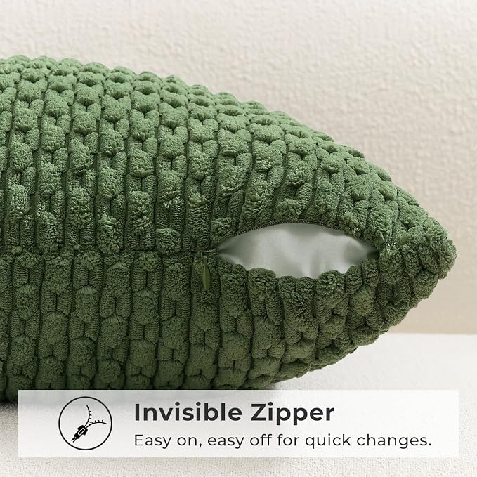 Kevin Textile Soft Corduroy 14"x36" Lumbar Pillow Cover 1 Pack, Moss Green | Boho Stripe Plush Corduroy Decorative Oblong Cushion Cover Modern Farmhouse Home Decor for Sofa Couch Bed Chair