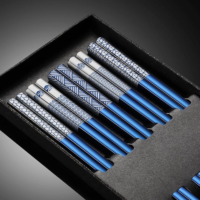 Metal Chopsticks - Reusable 18/8 Stainless Steel, Titanium Laser Engraved - Premium Lightweight Japanese Korean Chopsticks - Dishwasher Safe - 5 Pairs Gift Set (Blue)