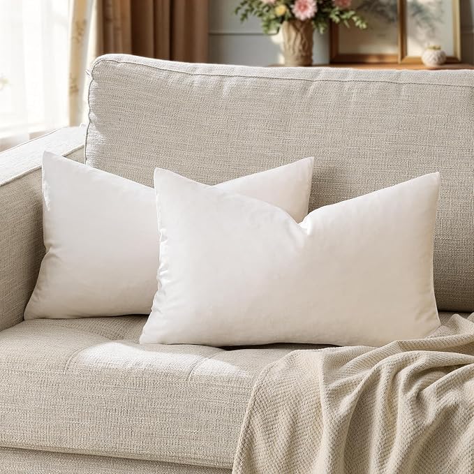 GIGIZAZA Velvet Pillow Covers 12x20 Decorative Pillows Pack of 2 Ivory | Beige Throw Pillows for Couch Sofa,280gsm Soft Textured Fabric,Modern Lumbar Pillowcases,Luxury Cushion Covers