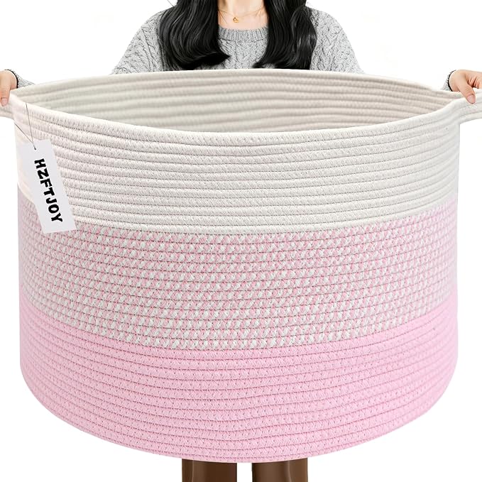 90L Extra Large Blanket Basket,Woven Rope Laundry Basket-Mixed Pink | Collapsible, reinforced handles, nursery storage bin organizes clothes, toys and pillows for living room, bedroom bathroom
