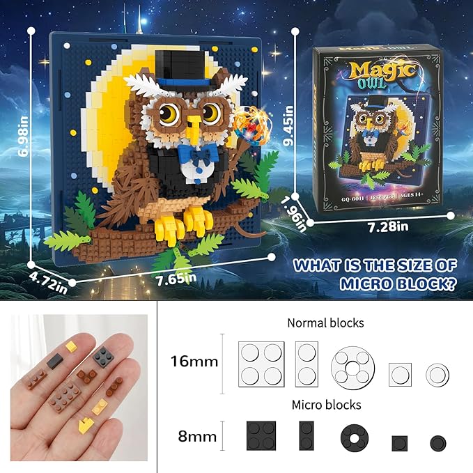 Magic Owl Animal 3D Wall Art Micro Mini Building Blocks Set, Unique Home Wall Decor or Table Display, No Compatible with Lego Set, Ideal Gift Toy for Adults Boys Girls (1272 PCS)