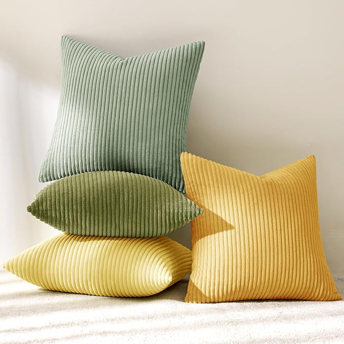 MIULEE Soft Corduroy Decorative Throw Pillow Covers Yellow Green 18x18 | Set of 4, Mordern Nordic Decor, Lime Lemon Green Set, Boho Farmhouse Cushion Covers for Couch Bed Sofa Living Room