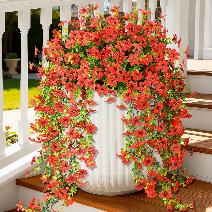 Artificial Fake Hanging Flowers Plants for Outdoor Spring Summer Decoration | 2 PCS Faux Silk Daisy with Eucalyptus Leaves,UV Resistant Look Real for Outside Home Planter Porch Patio Balcony Yard Decor