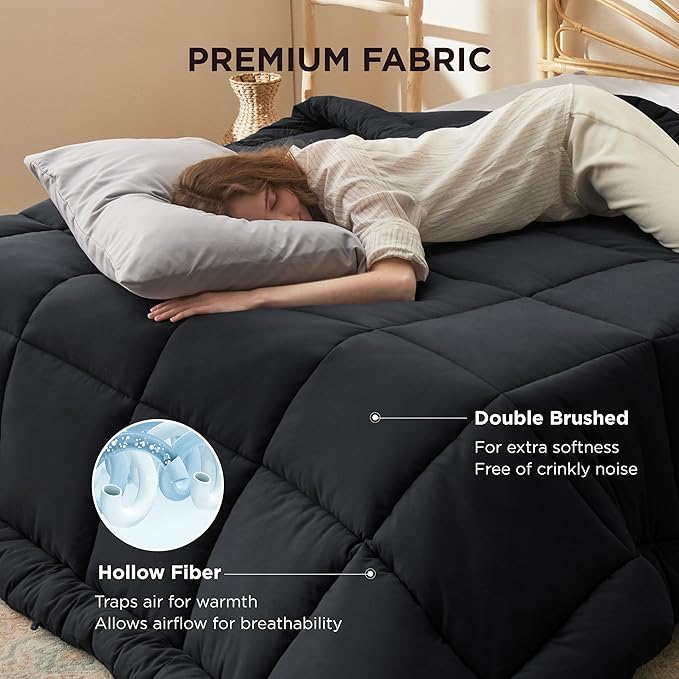 Bedsure Comforter Duvet Insert - Quilted Comforters Cal King Size, All Season Duvet, GentleSoft Down Alternative Bedding, with 8 Tabs, Gifts for Women/Men, Black, California King 96 X 102 Inches