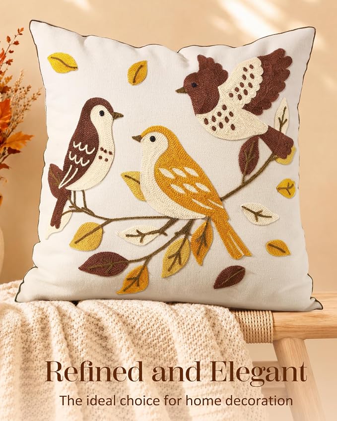 Fall Embroidered Throw Pillow Cover 18x18 Inch, Bird Leaves | Decorative Pillow Cover, Farmhouse Cushion Cases with Hidden Zipper, Autumn Decor for Couch, Sofa, Bed, Living Room