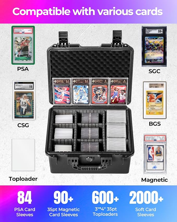 Sports Card Case, Trading Graded Card Storage Box with 9 Dividers for PSA MTG TCG Zion BCW Card Sleeve, Waterproof Protective Sports Cards Organizer Carrying Case for Magnetic Cards / Top Loaders