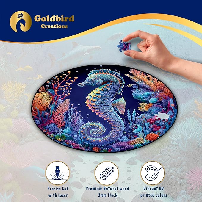 Wooden Puzzles for Adults - Eco-Friendly Wood Puzzles 200 Pieces - Premium Gift Box - Jigsaw Puzzles for Family Activity - Whimsical Shape Puzzle Pieces - Seahorse