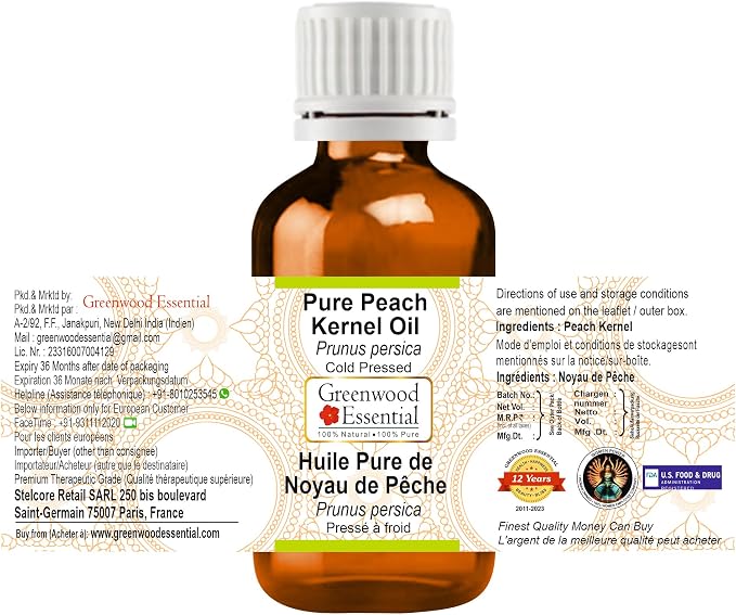 Greenwood Essential Pure Peach Kernel Oil (Prunus persica) Cold Pressed (Pack of Three) 100ml X 3 (10 oz)