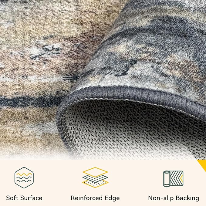 RELEANY Washable 9'x12' Abstract Area Rug for Living Room Ash Brown | carpet for bedroom, kitchen, office, hallway and entryway, printed pattern, non-slip, soft, stain-resistant, easy to clean
