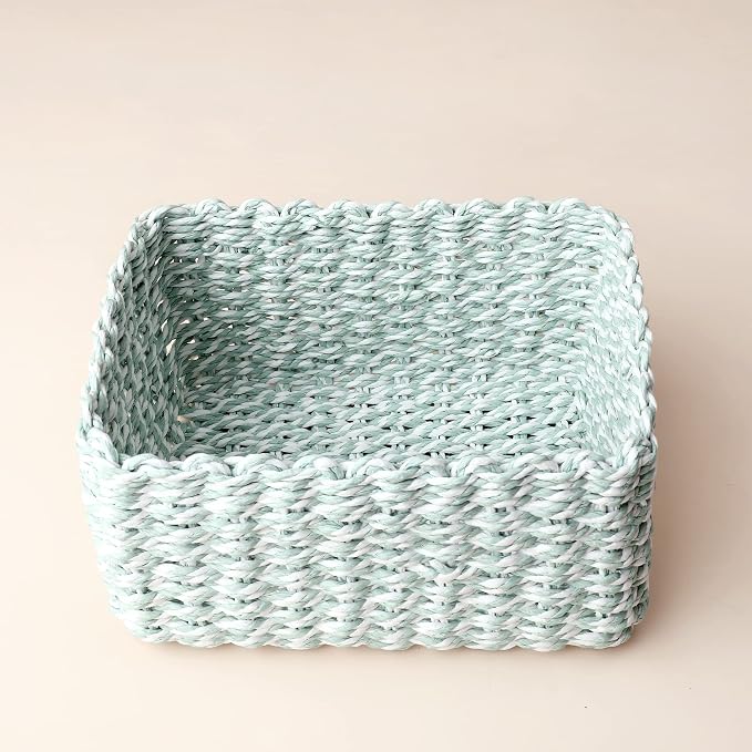 LA JOLIE MUSE Paper Rope Storage Baskets for Organizing, Recycled Wicker Storage Basket Container Bins for Shelves Cupboards Drawer, Small Woven Basket Set of 3 (Green White)