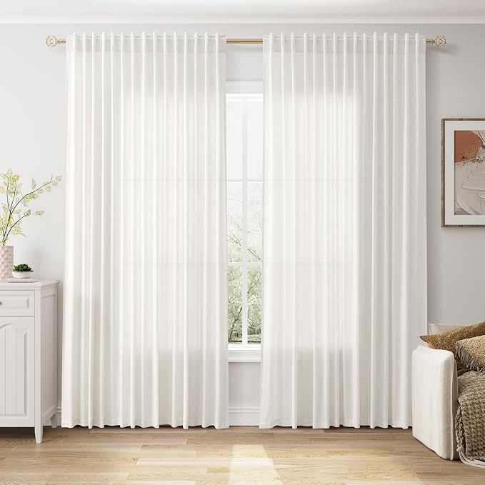 Nanspring Extra Wide Linen Curtains for Living Room Bedroom 84 Inches Long Light Filtering Sheer Curtain for Sliding Door Beige White Farmhouse Decor Drapes Back Tab and Rod Pocket 100x84, 2 Panels
