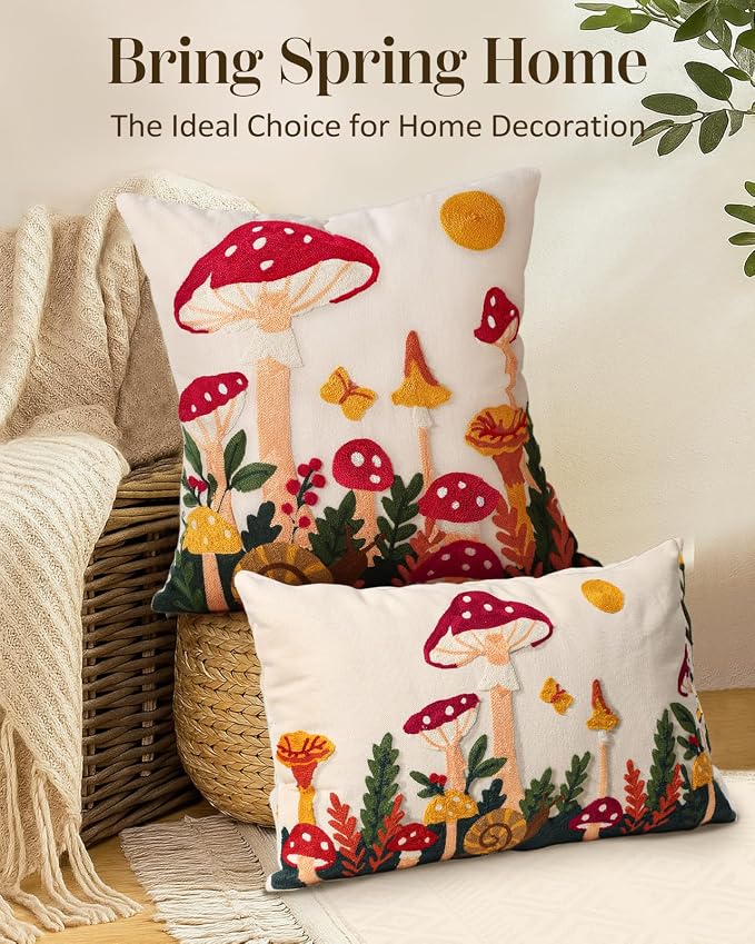 Embroidered Throw Pillow Cover 20x20 Inch, Mushroom Moon | Decorative Pillow Cover, Boho Cottagecore Cushion Case with Hidden Zipper, Home Decor for Couch, Sofa, Living Room, Bedroom